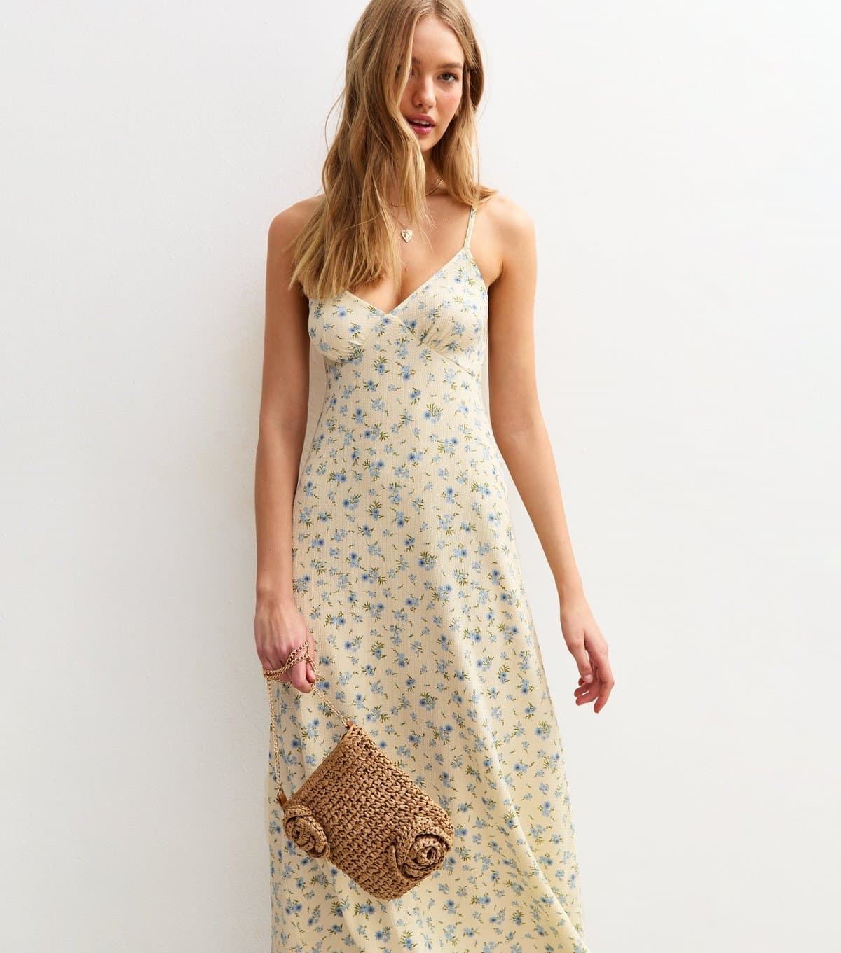 New Look Women's Cream Floral Print Crinkle Strappy Midi Dress New Look