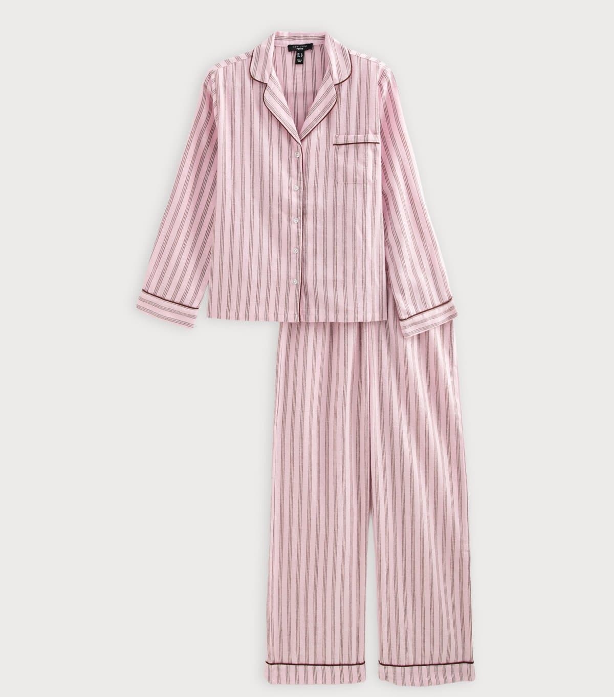 New Look Women's Petite Pink Cotton Striped Revere Collar Pyjama Set New Look