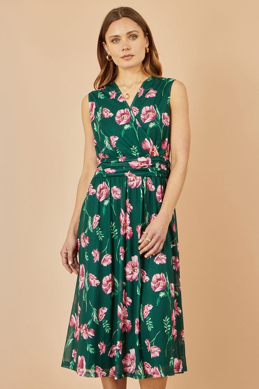 Yumi Yumi Women's Green Floral Print Mesh Stretch Midi Dress With Pockets
