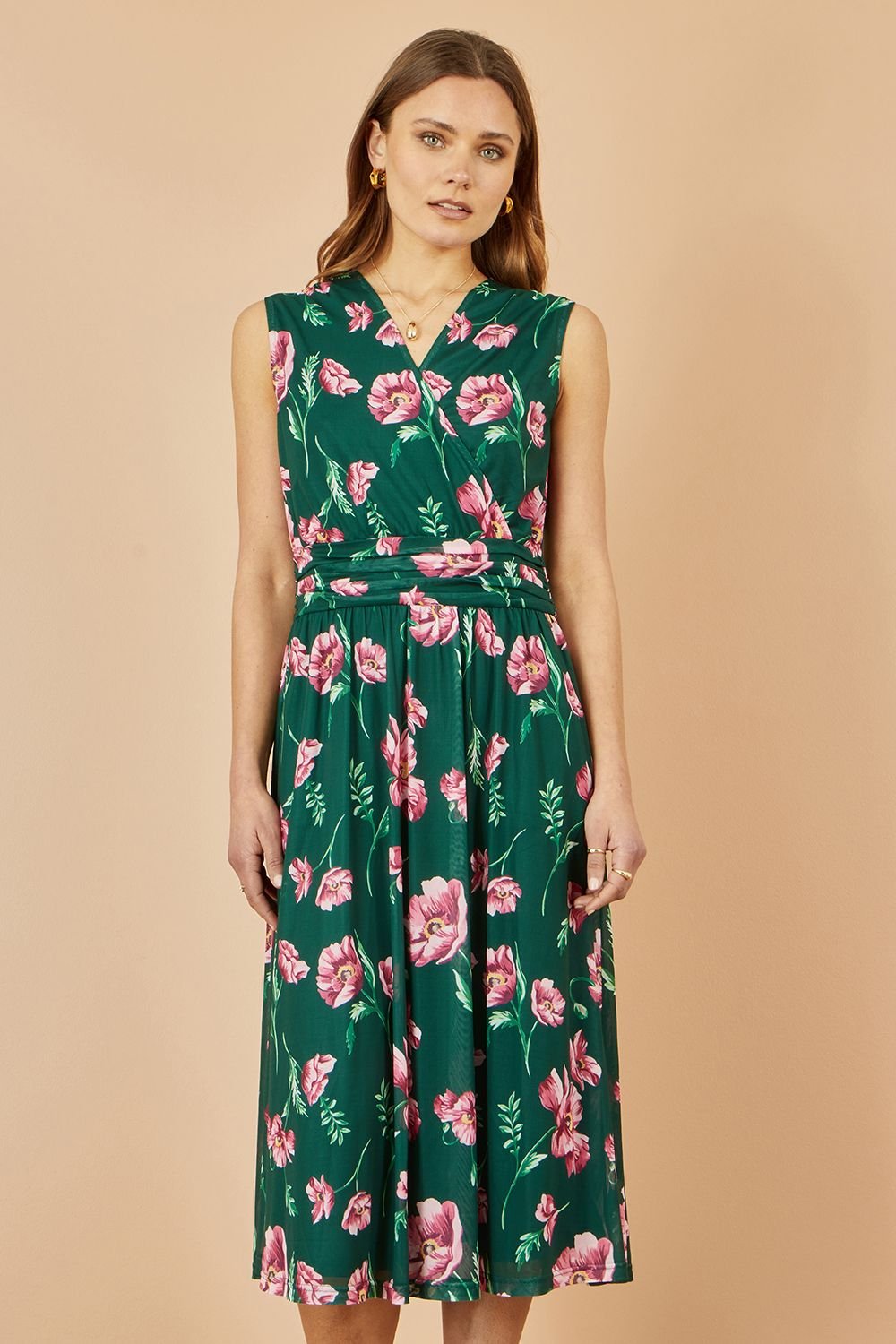 Yumi Yumi Women's Green Floral Print Mesh Stretch Midi Dress With Pockets - 2