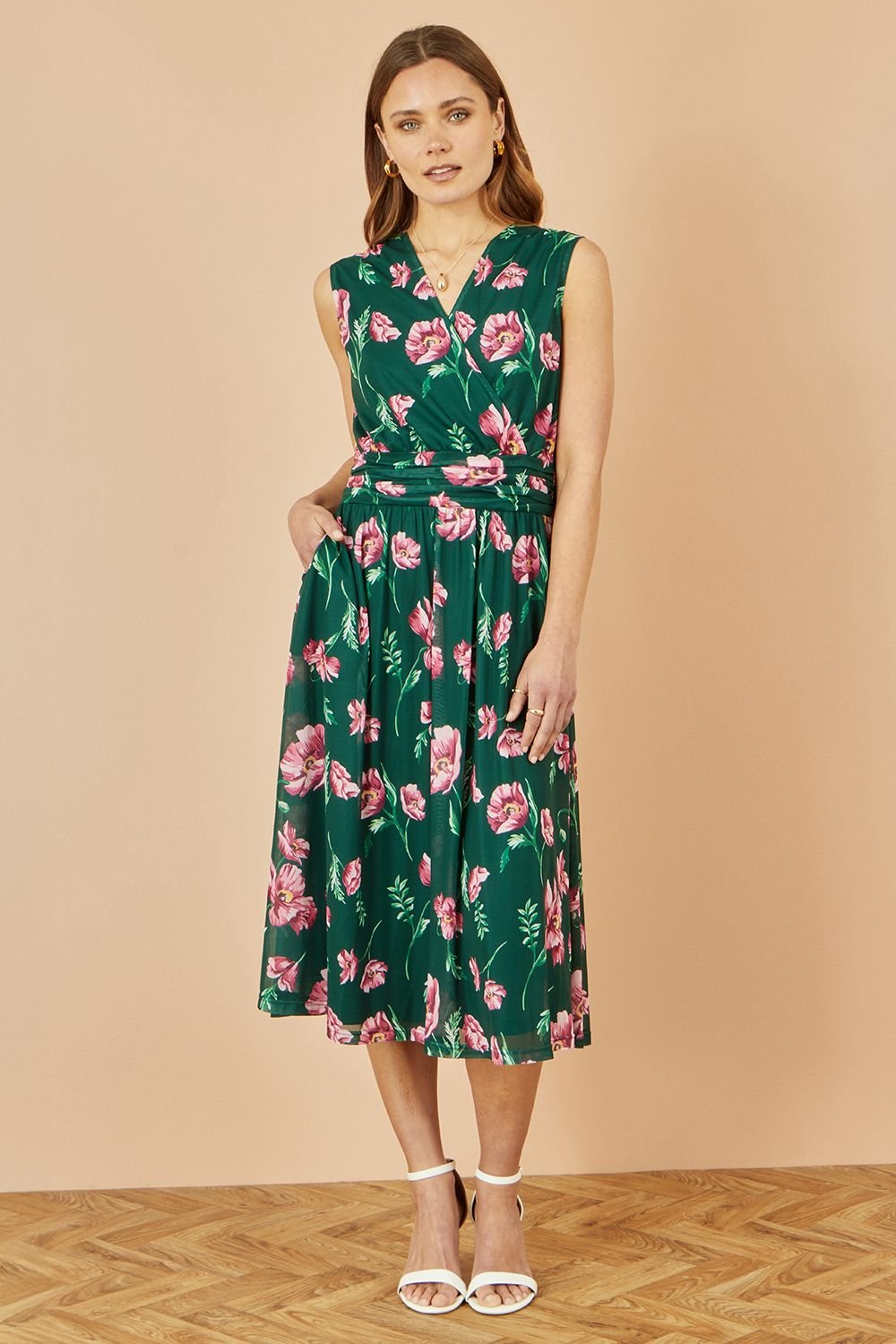 Yumi Yumi Women's Green Floral Print Mesh Stretch Midi Dress With Pockets - 3