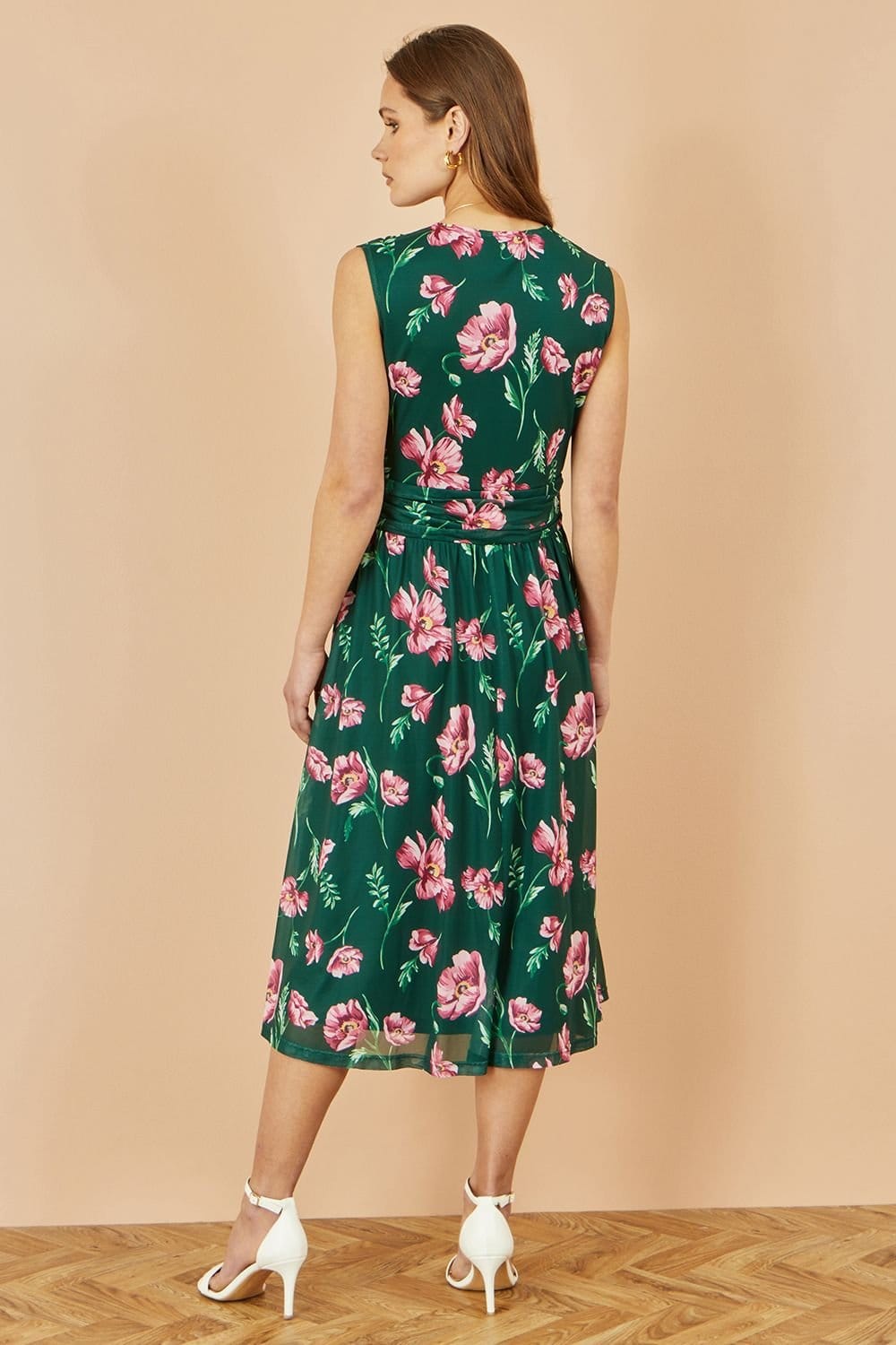 Yumi Yumi Women's Green Floral Print Mesh Stretch Midi Dress With Pockets - 4