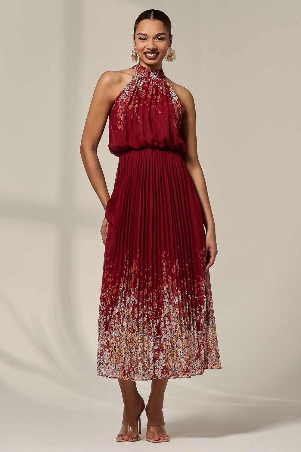 Jolie Moi Jolie Moi Women's Pleated Halterneck Maxi Dress in Dark Red