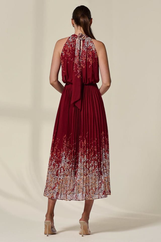 Jolie Moi Jolie Moi Women's Pleated Halterneck Maxi Dress in Dark Red - 2