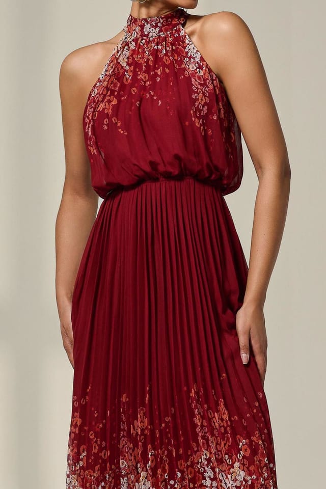 Jolie Moi Jolie Moi Women's Pleated Halterneck Maxi Dress in Dark Red - 3