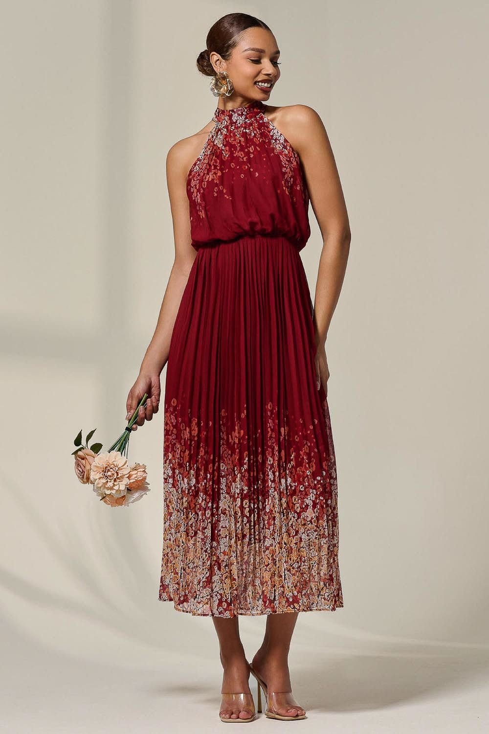 Jolie Moi Jolie Moi Women's Pleated Halterneck Maxi Dress in Dark Red - 4