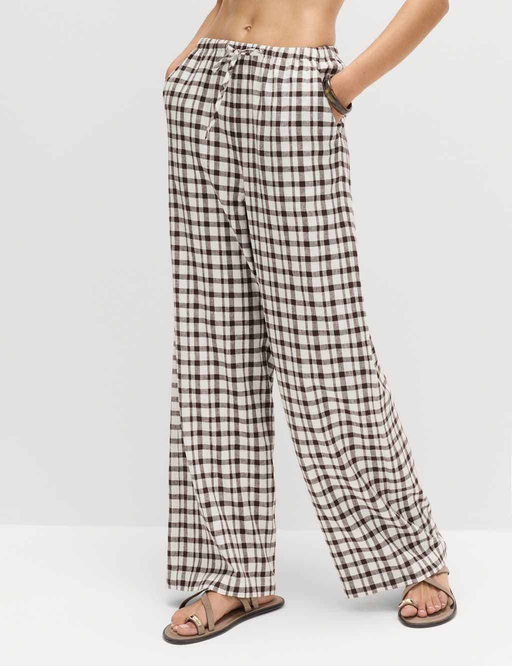 Marks & Spencer M&S Linen Rich Gingham Wide Leg Trousers Brown Mix