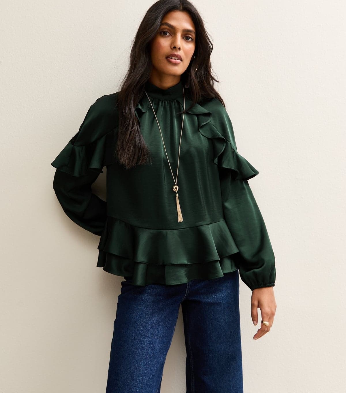 New Look New Look Dark Green Satin Frill Raglan Shirt