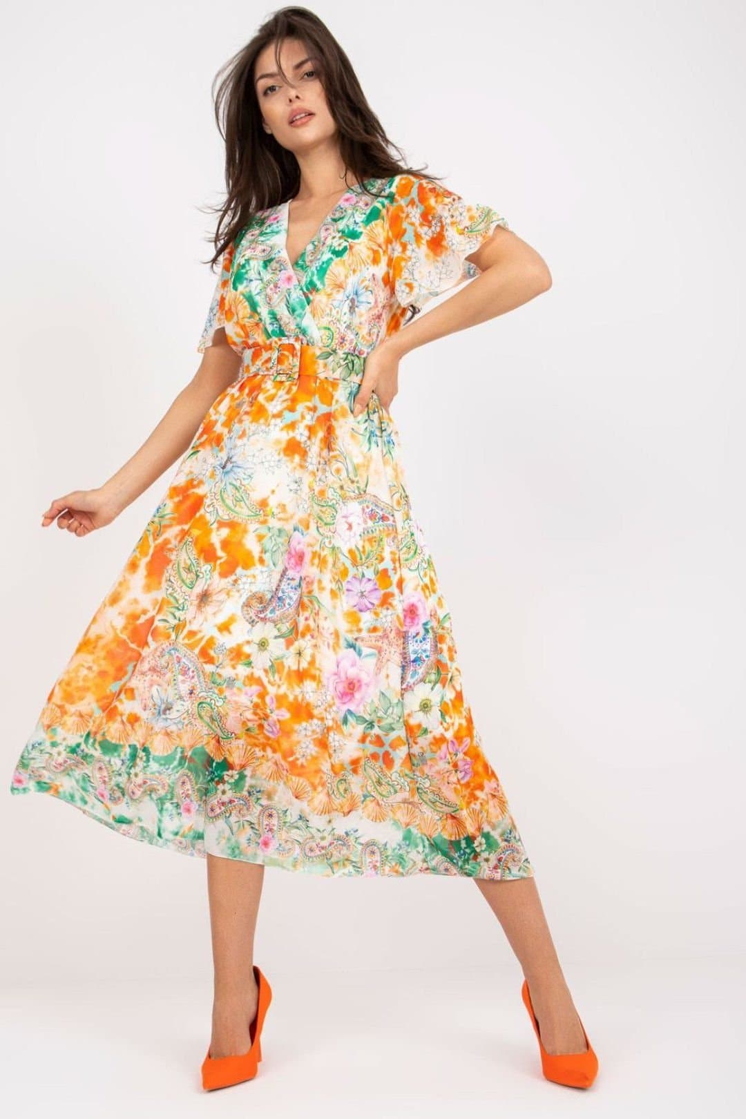 Love Lace Love Lace Women's Colorful Printed Midi Flare Dress with Belt in Orange