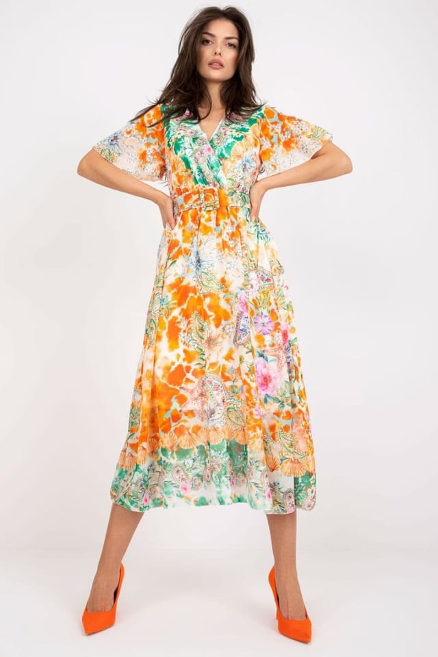 Love Lace Love Lace Women's Colorful Printed Midi Flare Dress with Belt in Orange - 2