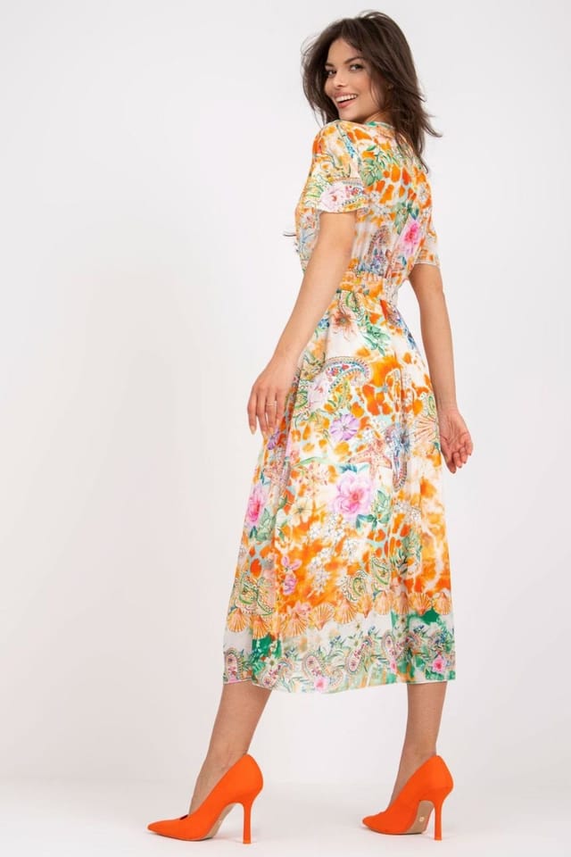 Love Lace Love Lace Women's Colorful Printed Midi Flare Dress with Belt in Orange - 3
