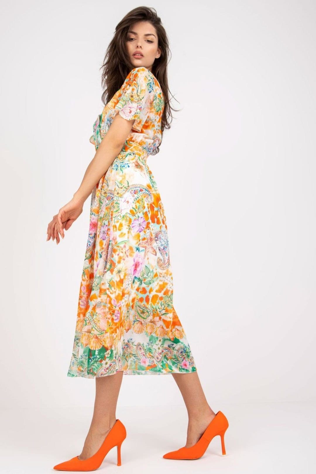 Love Lace Love Lace Women's Colorful Printed Midi Flare Dress with Belt in Orange - 4