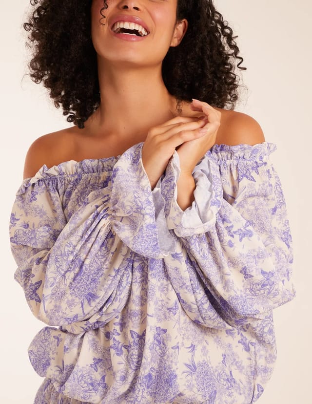 Blue Vanilla Butterfly Floral Print Gypsy Chiffon Blouse - 3