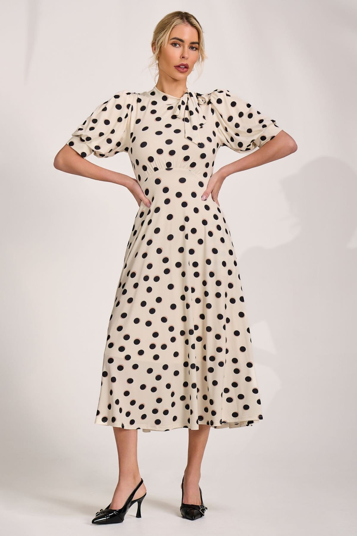 Jolie Moi Jolie Moi Women's Tie Neck Puffy Sleeve Jersey Midi Dress - 4