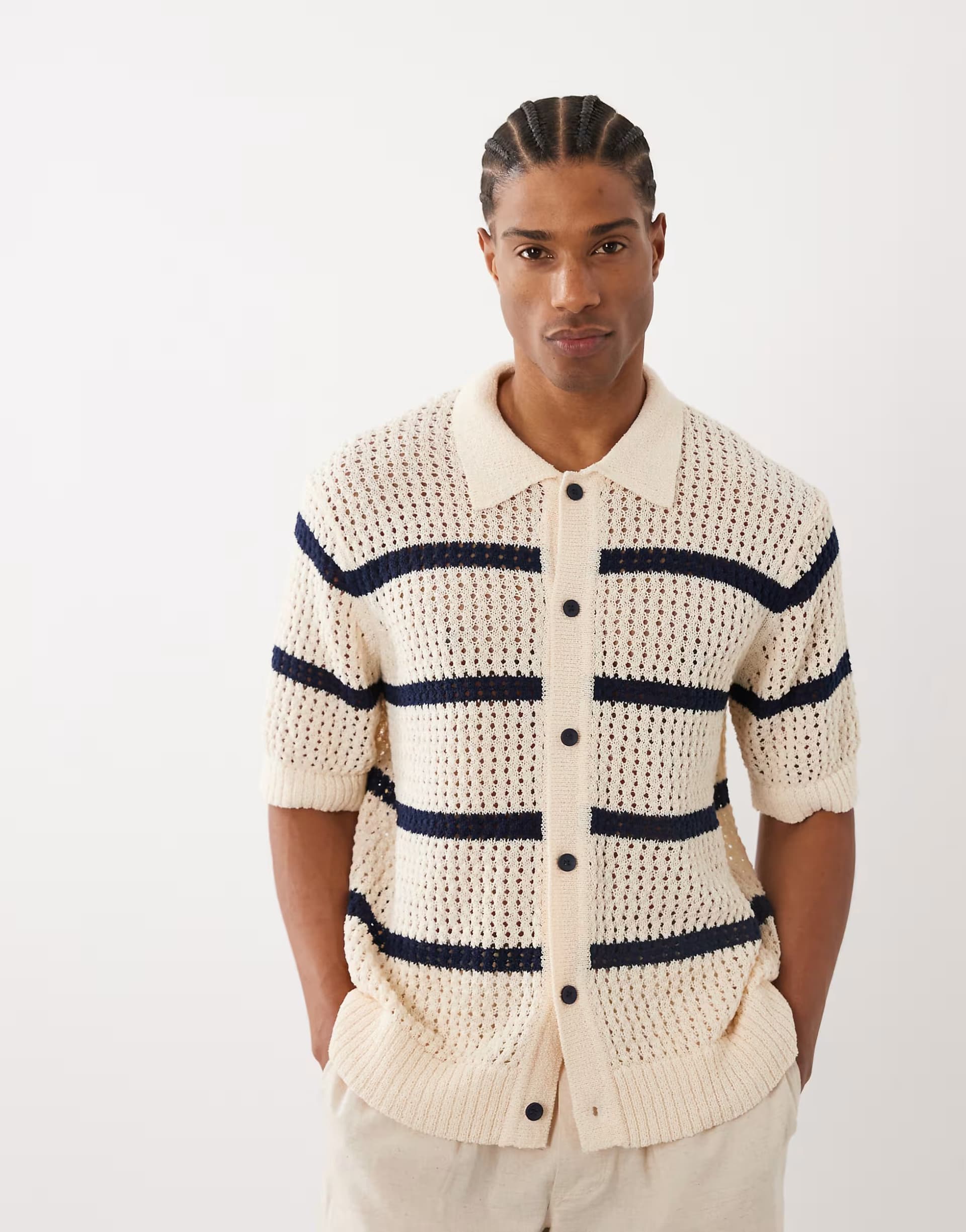 ASOS ONLY & SONS relaxed fit crochet knit shirt in cream with navy stripe