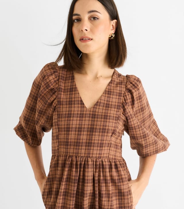 Gini London Women's Brown Puff Sleeve Check Midi Dress Gini London New Look - 2