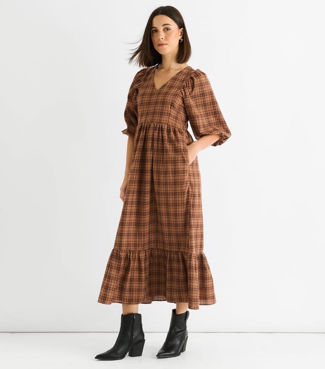 Gini London Women's Brown Puff Sleeve Check Midi Dress Gini London New Look - 3