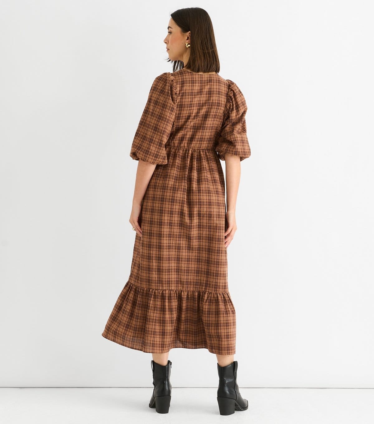 Gini London Women's Brown Puff Sleeve Check Midi Dress Gini London New Look - 4