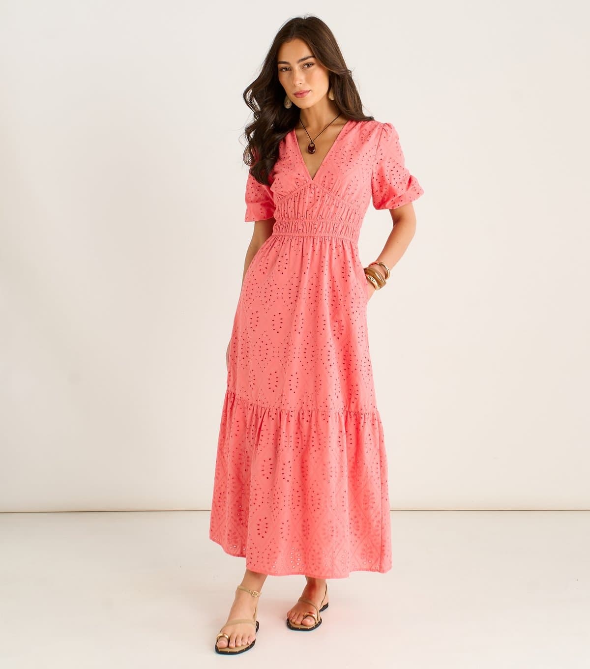 Gini London Women's Light Coral Diamond Cut Work Broderie Dress Gini London New Look