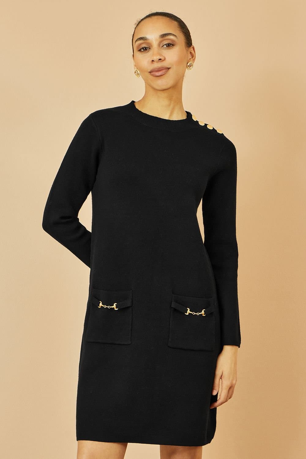 Yumi Yumi Women's Black Knitted Tunic Dress With Gold Hardware Details