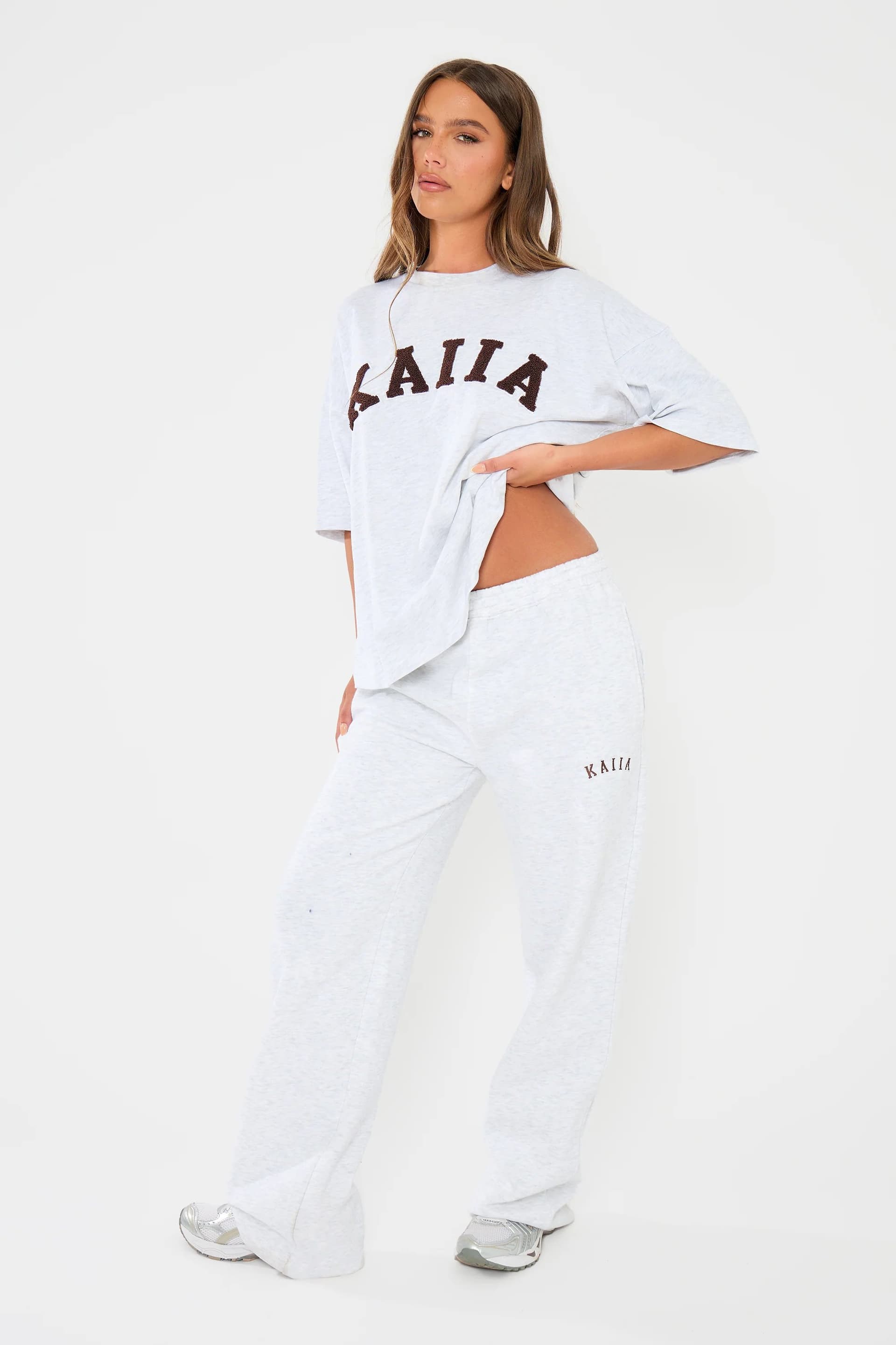 Kaiia Kaiia Logo Wide Leg Joggers Light Grey Marl & Dark Brown