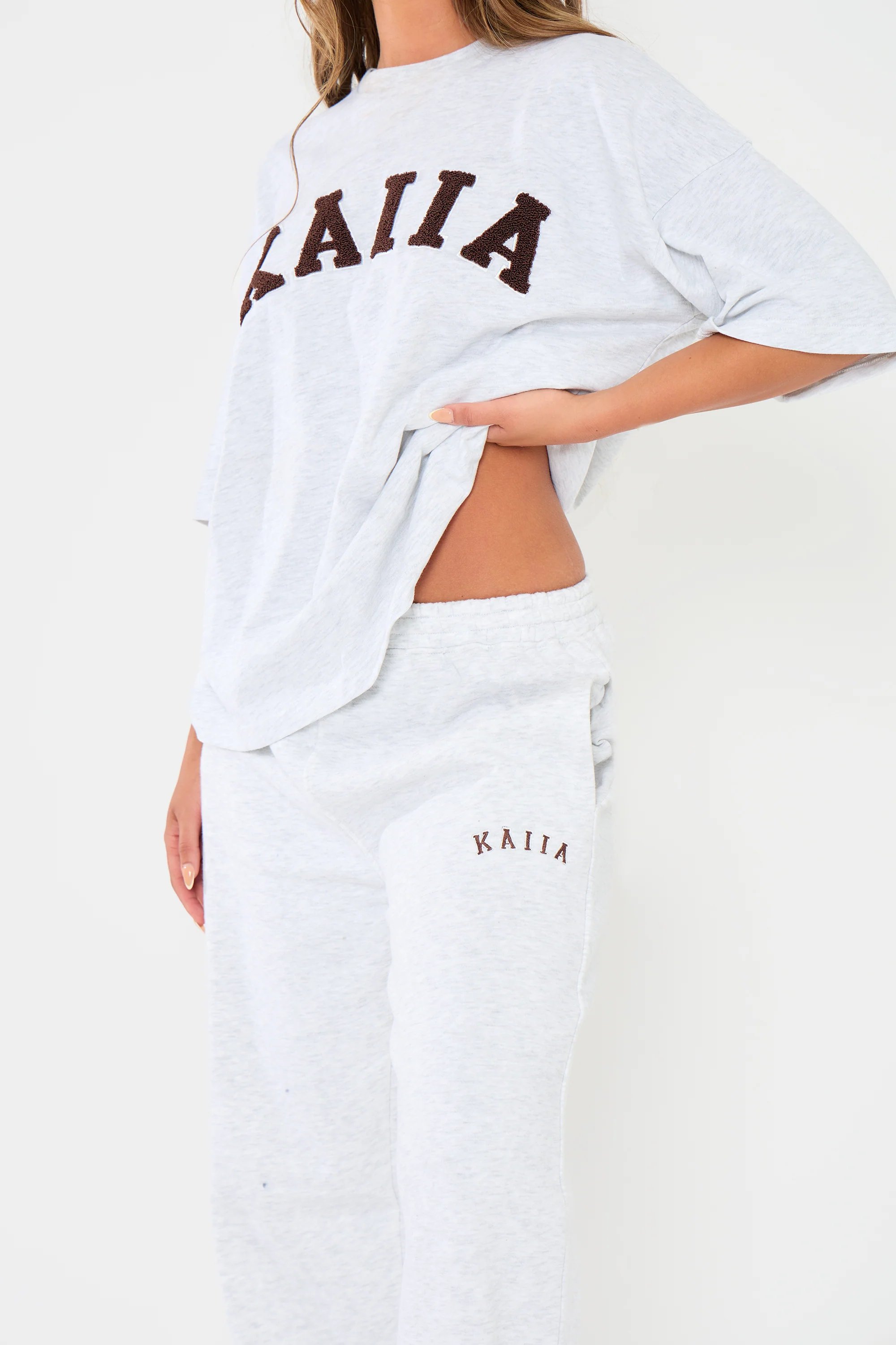 Kaiia Kaiia Logo Wide Leg Joggers Light Grey Marl & Dark Brown - 4