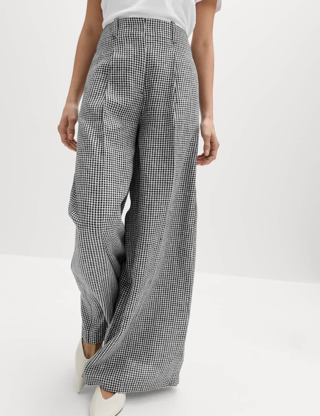 Marks & Spencer M&S Pure Linen Checked Pleat Front Trousers Black Mix