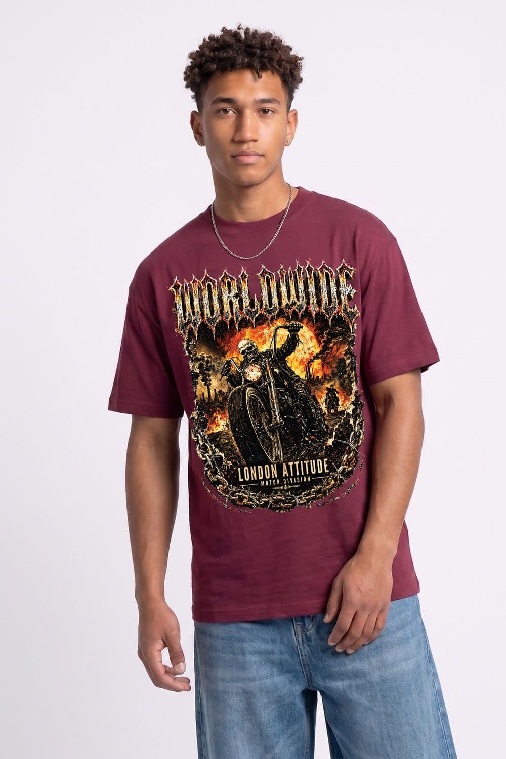 LONDON ATTITUDE LONDON ATTITUDE Men's Worldwide Skull Biker Oversized Heavyweight Graphic T-Shirt in Burgundy
