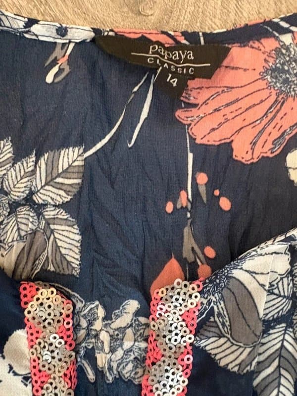Papaya Papaya Floral Boho Tunic Dress Size 14 Navy Blue Pink Long Sleeve Floaty Smock