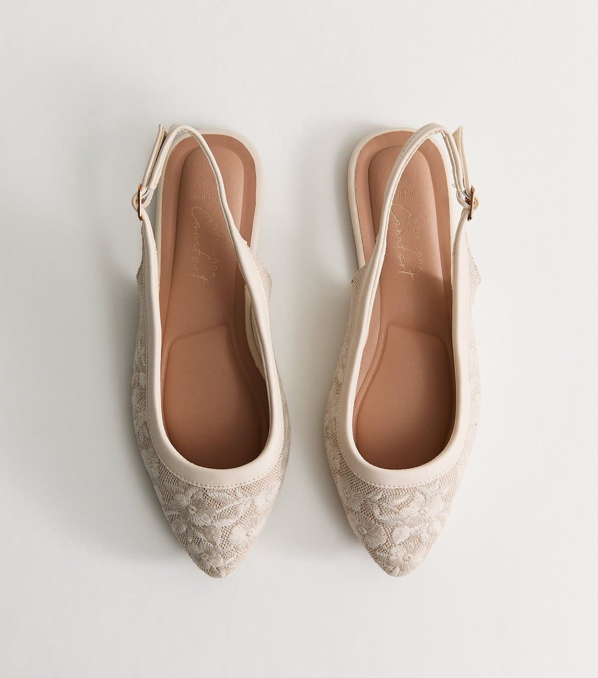 New Look Women's Wide Fit Off White Floral Embroidered Slingback Pumps Vegan New Look