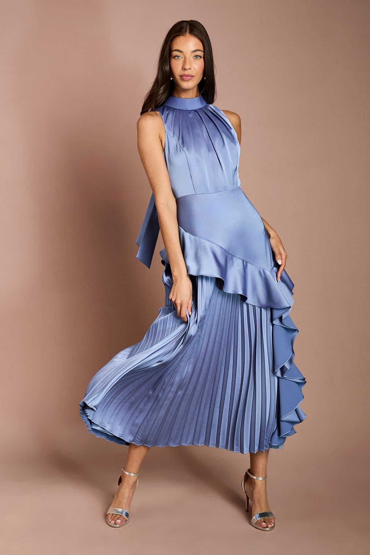 Coast Coast Women's Sleeveless Ruffle Pleat Satin Back Crepe Dress in Blue