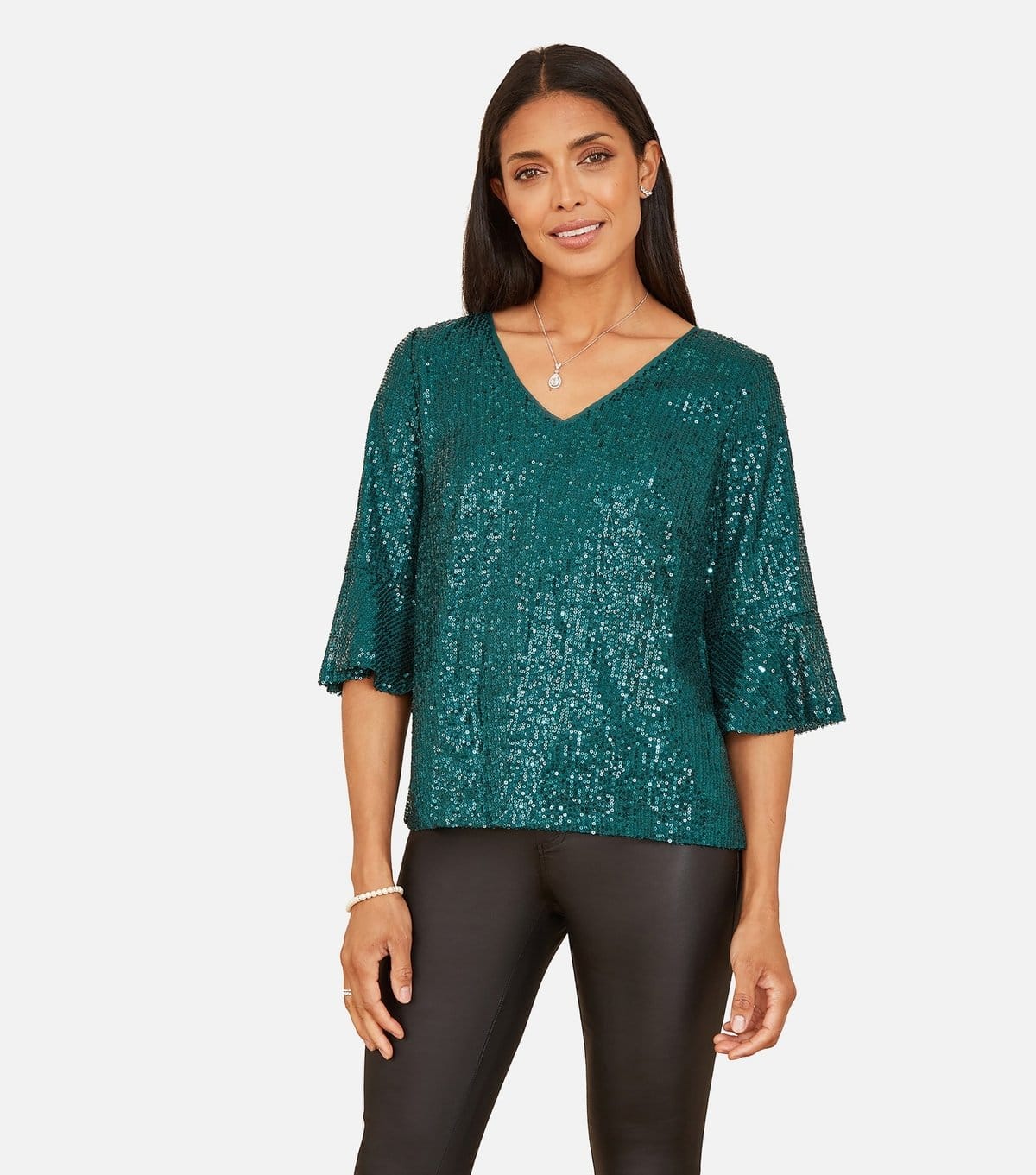 Women's Green Sequin Top Yumi New Look