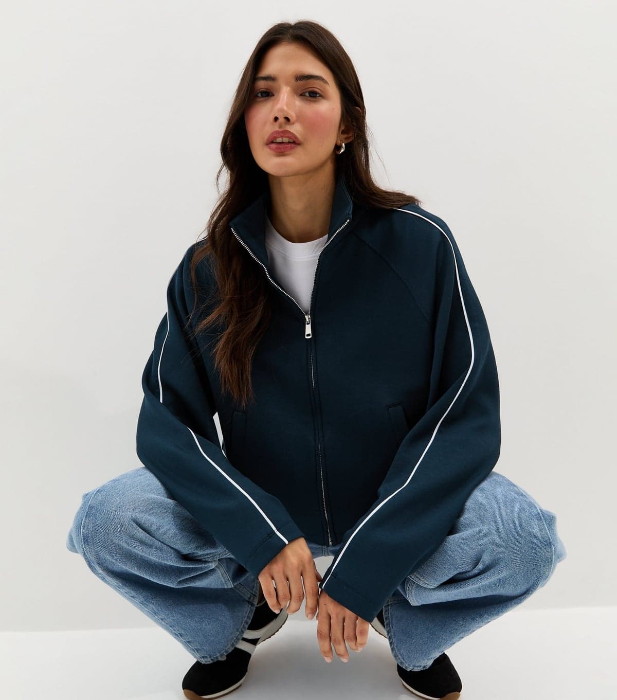 New Look Women's Premium Navy Contrast Piping Zip Through Top New Look