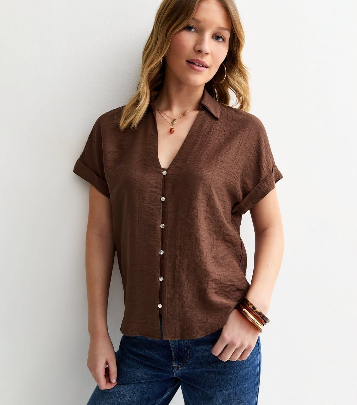 New Look Women's Brown Crinkled Short Sleeve Shirt New Look
