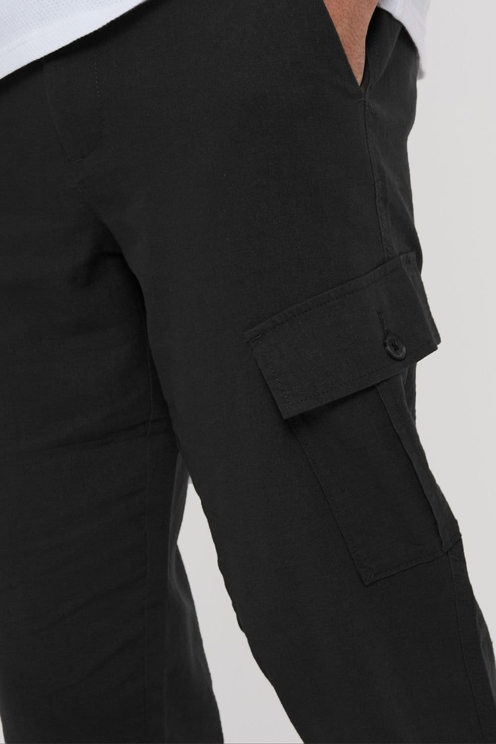 Threadbare Threadbare Men's 'Ramsay' Linen Blend Cargo Trousers in Black - 4