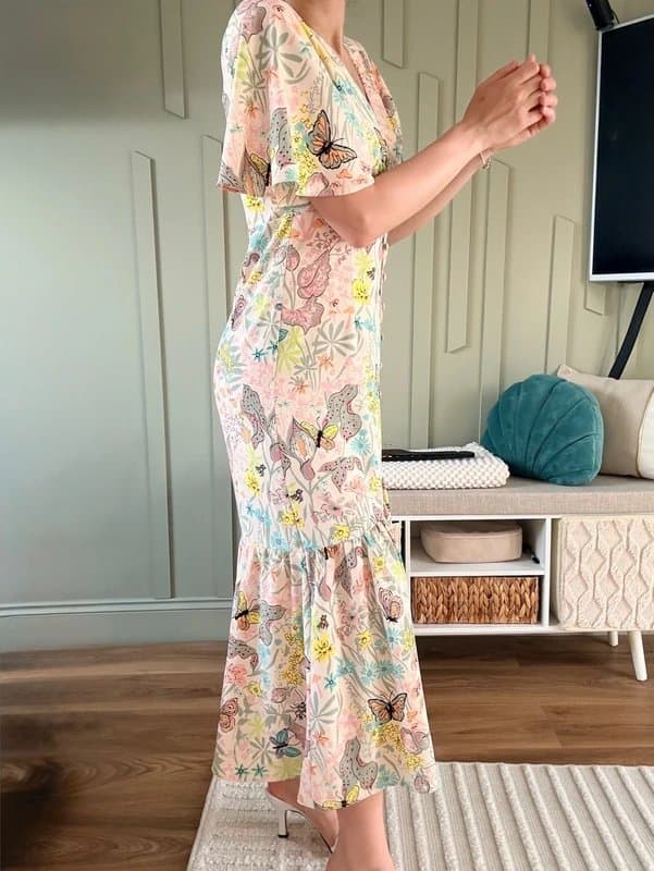 Never Fully Dressed Light pink floral beige frill dress size in uk 8/10