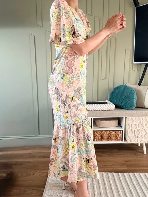 Never Fully Dressed Light pink floral beige frill dress size in uk 8/10 - 1