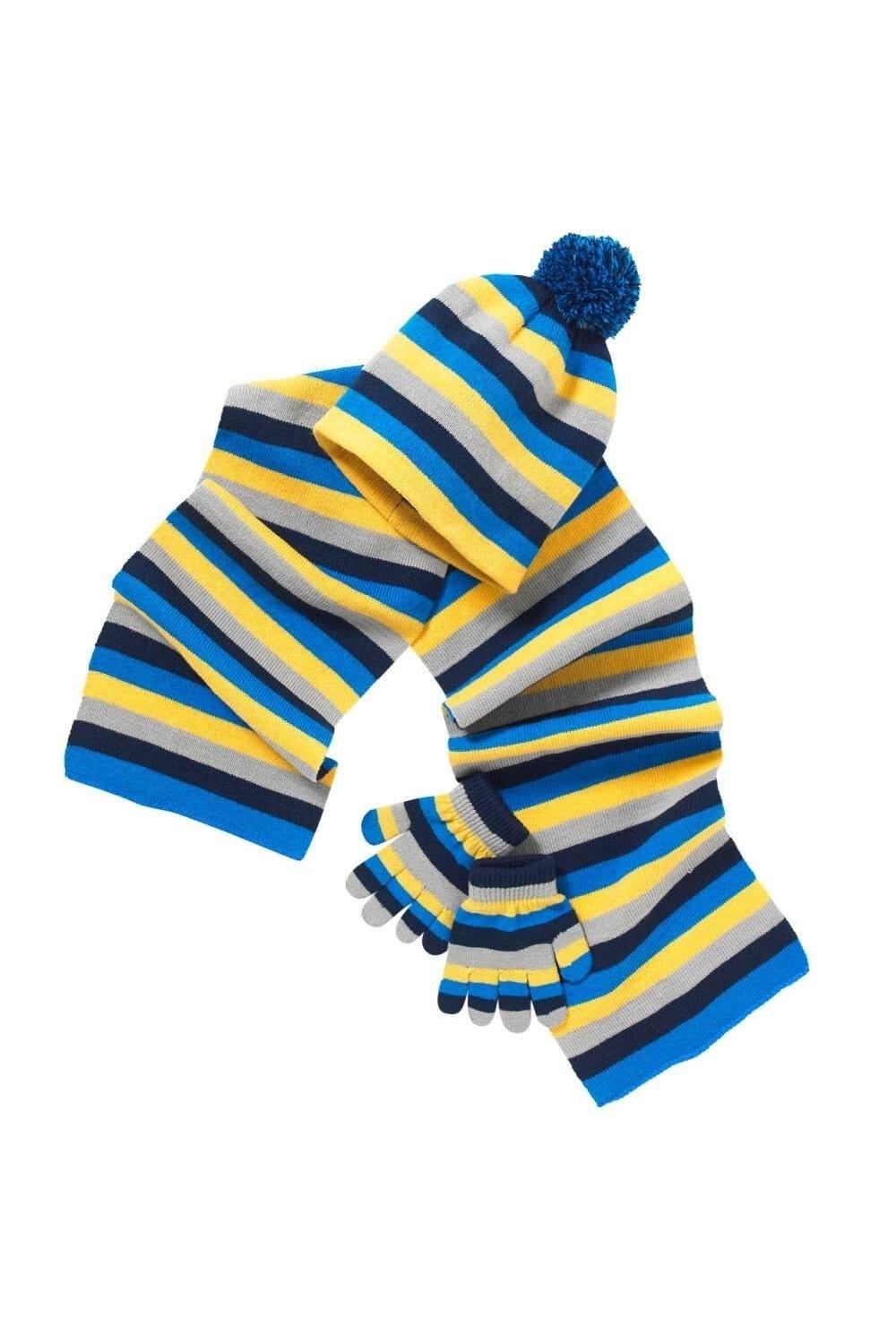 Hats Hats Hats Hats Hats Hats Men's Striped Bobble Hat, Scarf & Glove Set in Mid Blue - 1