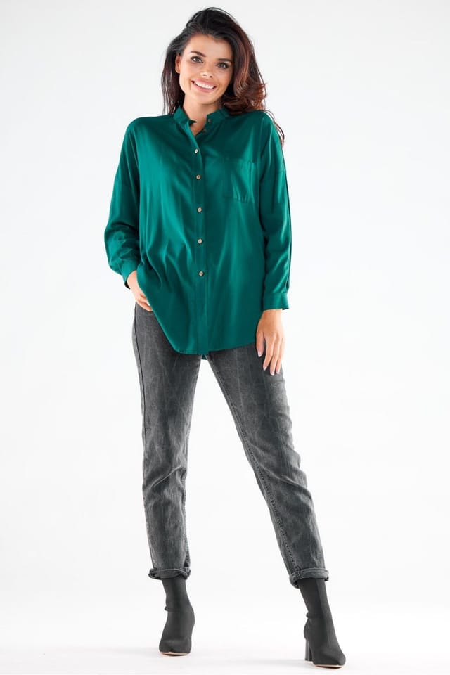 Love Lace Love Lace Women's Long Sleeve Stand Up Button Shirt Poland in Green - 2