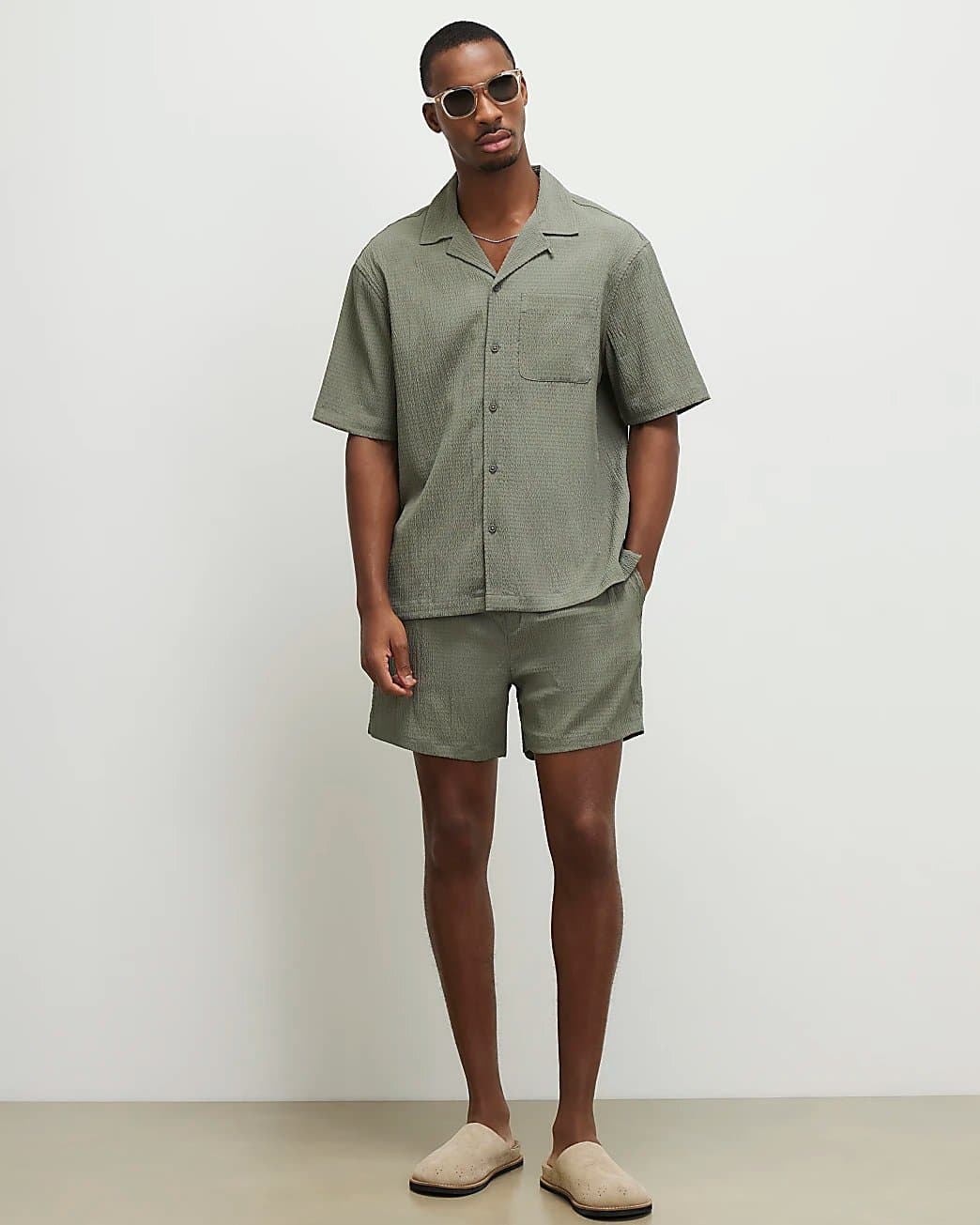 River Island Mens River Island Green Regular Fit Textured Shorts