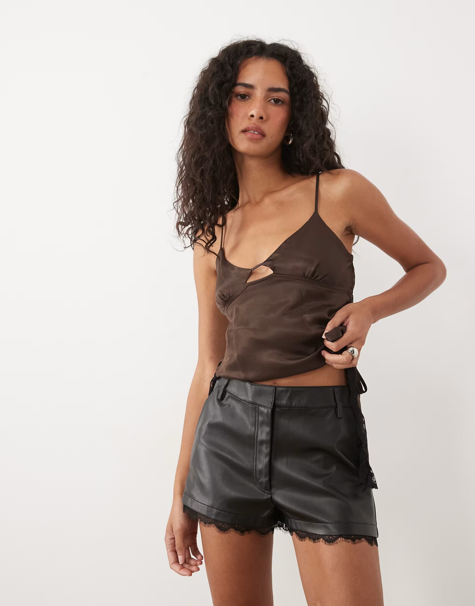 ASOS Miss Selfridge faux leather lace hem micro short in black