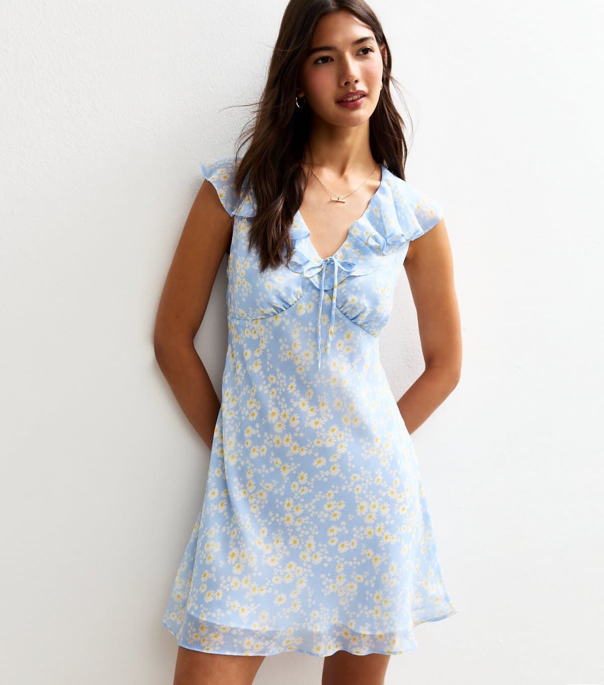New Look Women's Blue Daisy Print Ruffle Trim Chiffon Mini Dress New Look