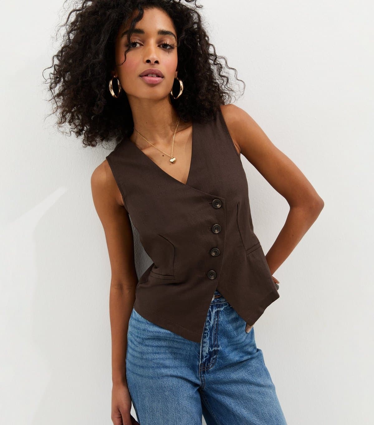 New Look Women's Brown Linen Blend Asymmetric Waistcoat New Look
