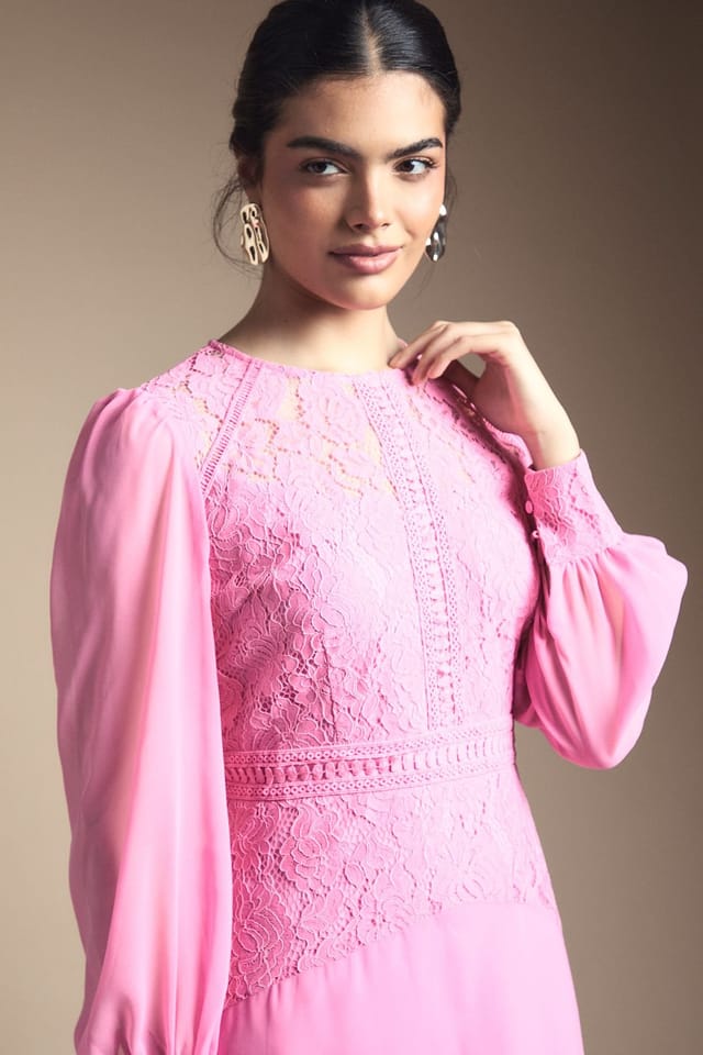 Wallis Wallis Women's Lace Insert Chiffon Midi Dress in Pink - 2