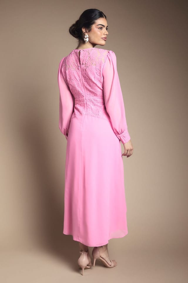 Wallis Wallis Women's Lace Insert Chiffon Midi Dress in Pink - 3