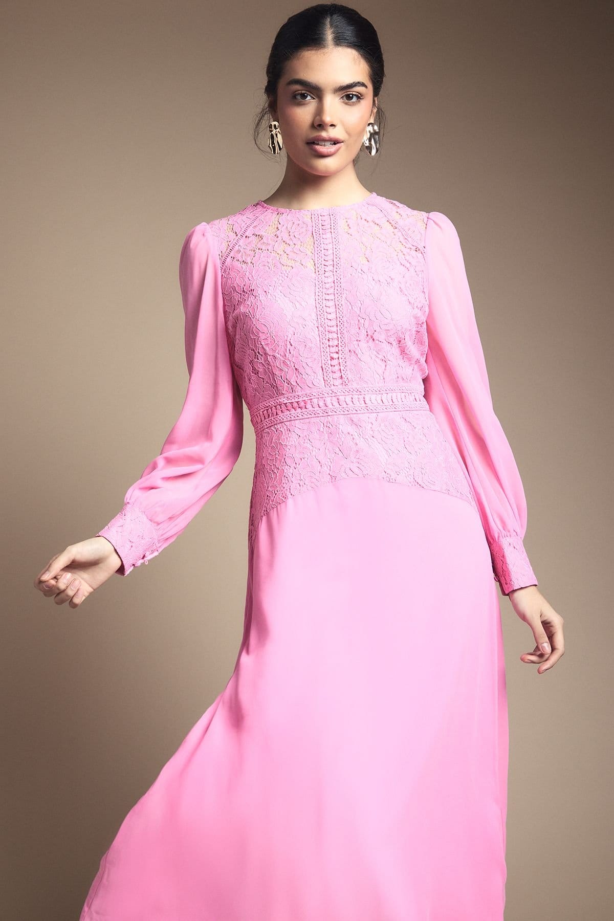 Wallis Wallis Women's Lace Insert Chiffon Midi Dress in Pink - 4