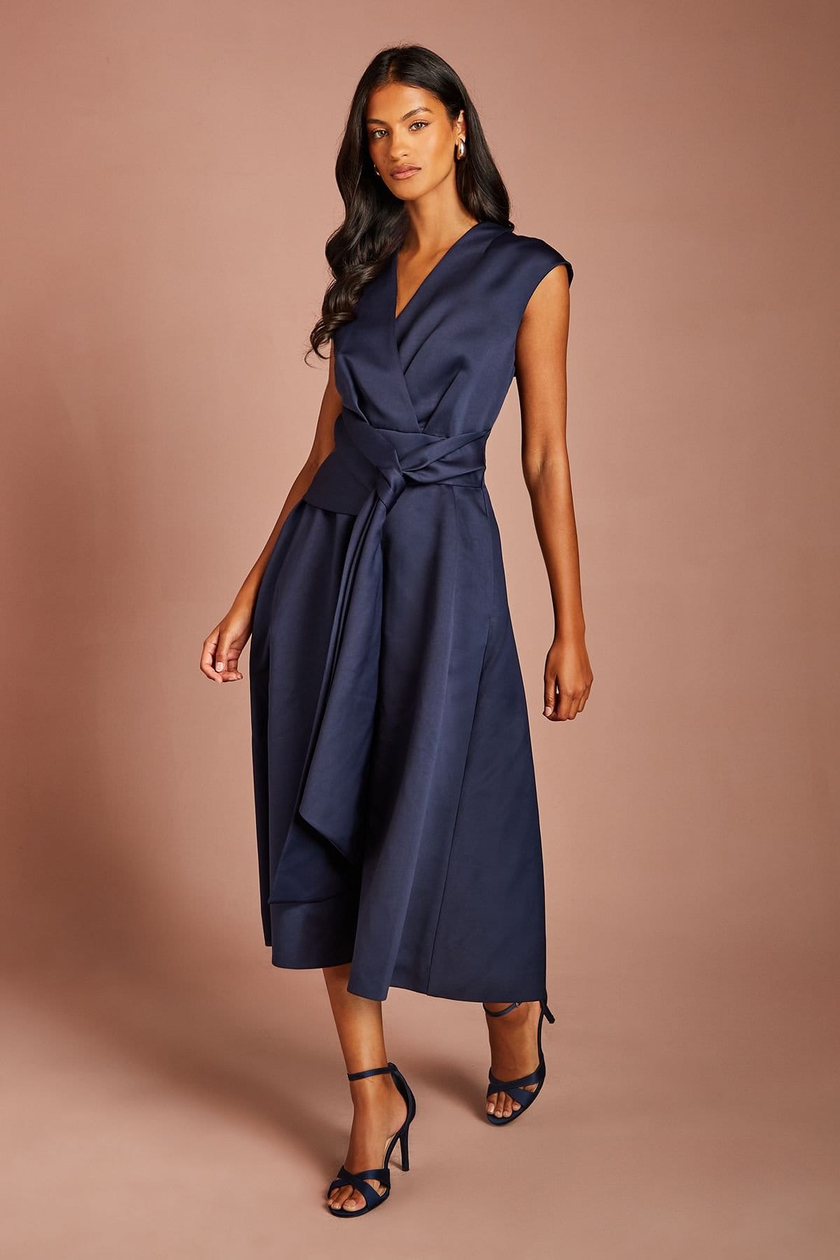 Coast Women's Petite Wrap Over Detail V Neck Sleeveless Midi Dress in Navy