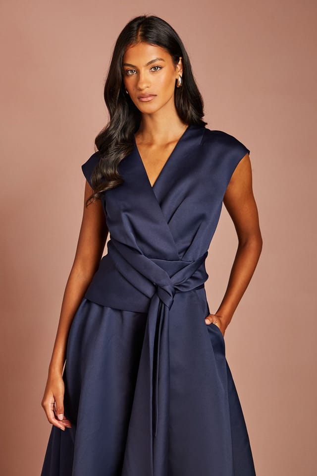 Coast Coast Women's Petite Wrap Over Detail V Neck Sleeveless Midi Dress in Navy - 2