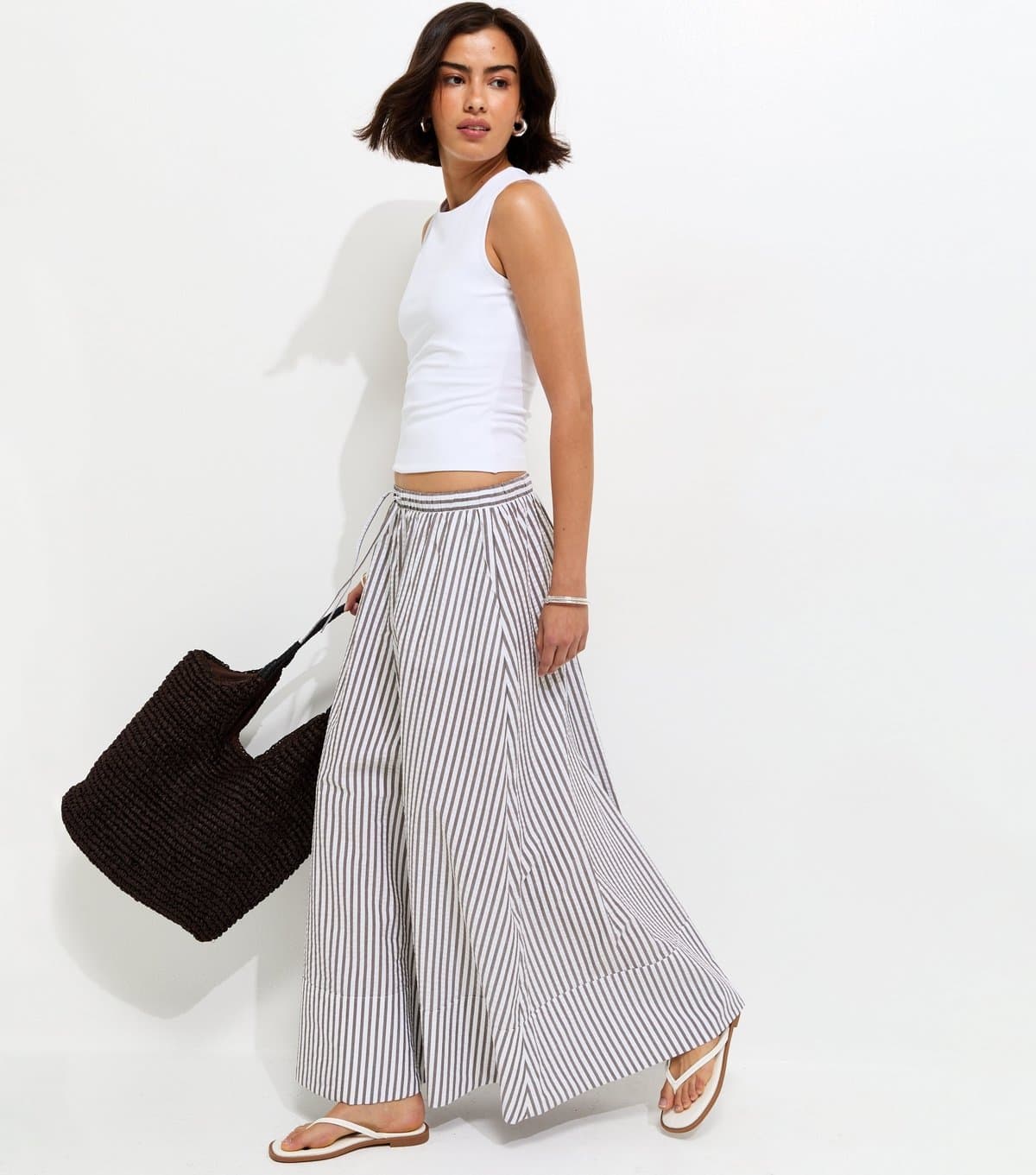 New Look Women's Brown Striped Cotton Seersucker Circle Maxi Skirt New Look
