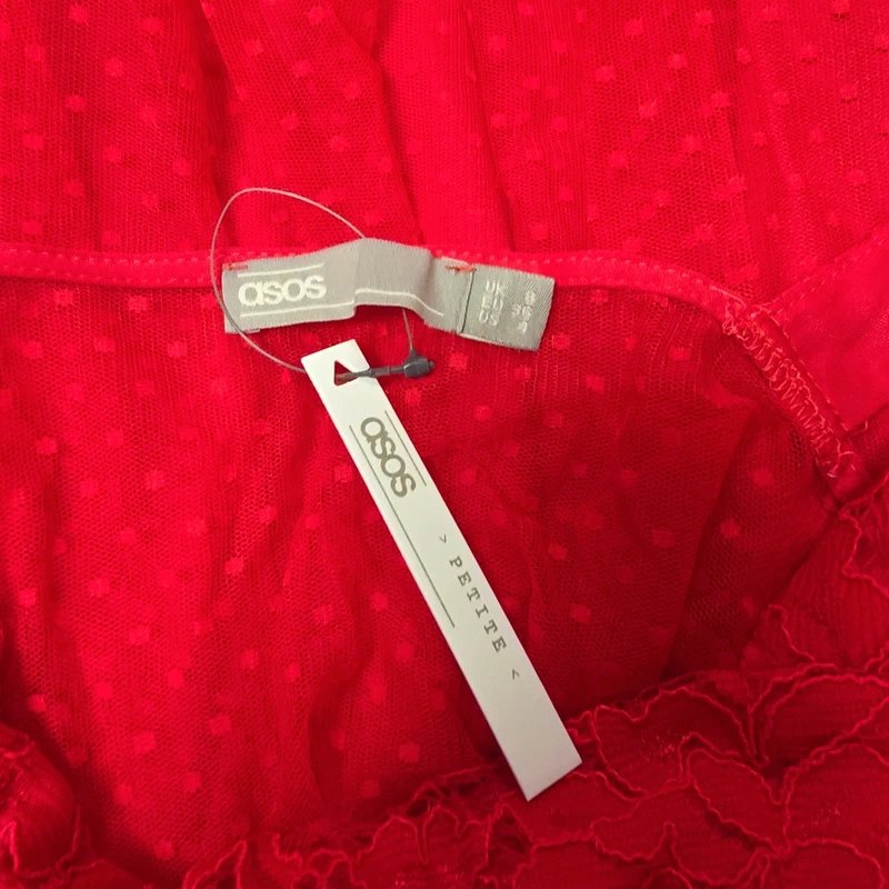 ASOS ASOS Petite Red Lace Mesh Skater Dress Polka Dot Sheer Party Mini UK 6/8 New - 1